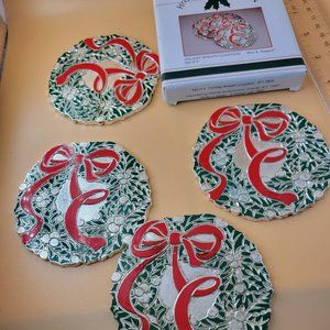 Vintage holiday wreath coasters holly red bow WM rogers 1986 4pc